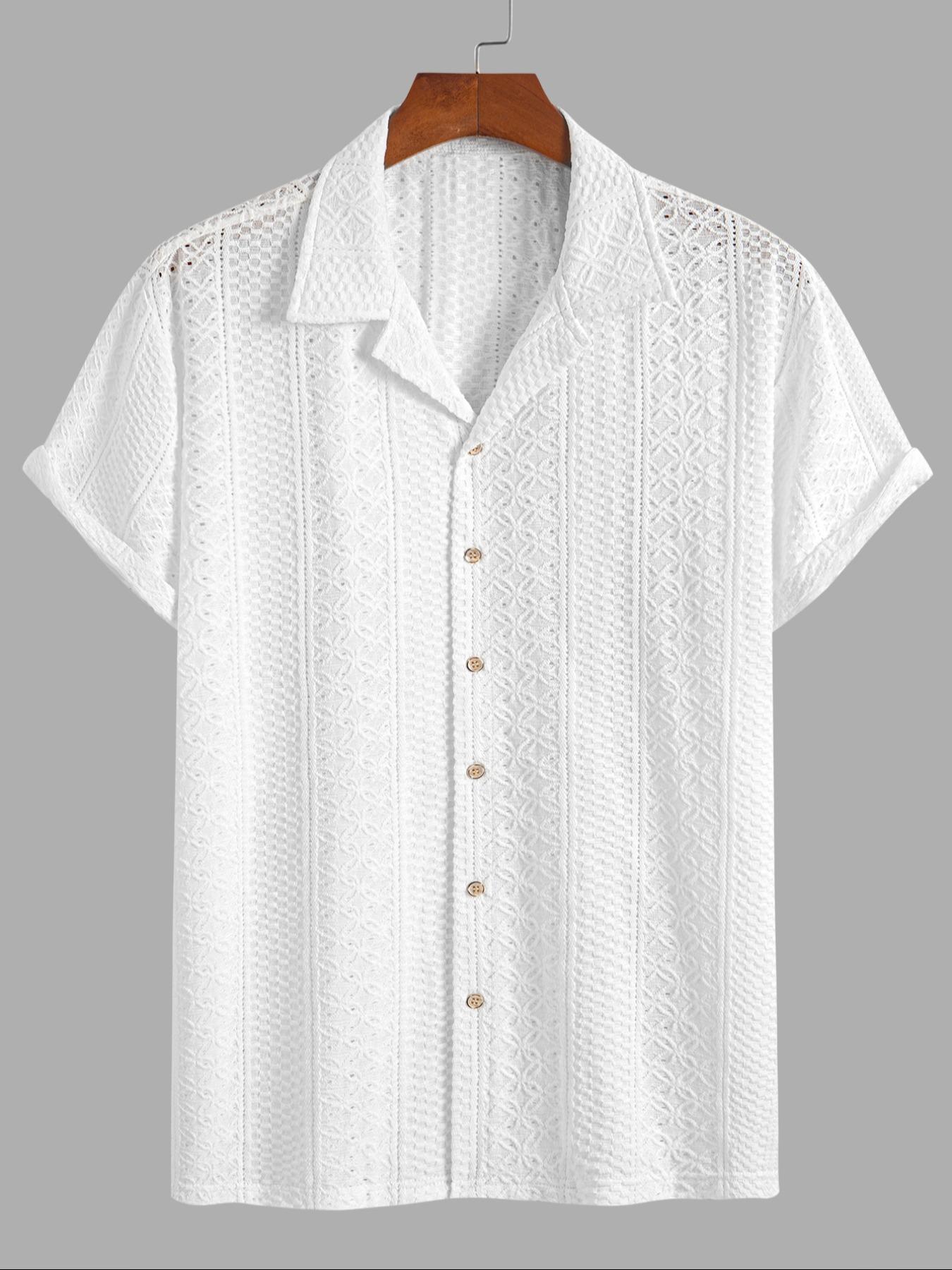 Men's Geometric Jacquard Short Sleeve Casual Party Shirt, Loose Breathable Relaxed Fit Casual Comfy Breathable Top for Summer, Men's Clothes for Daily Wear, Tropical, Casual Stylish Menswear, Knit Shirts