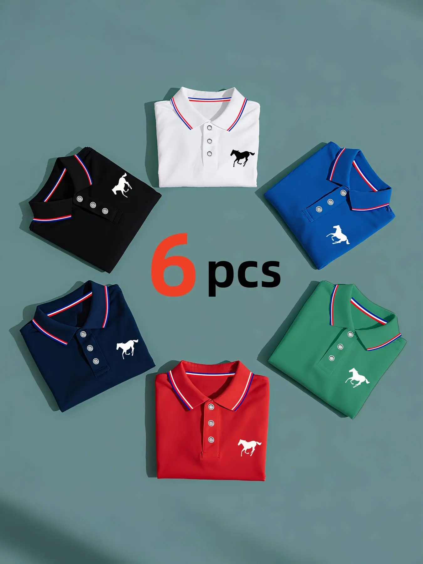 Men's Polo Shirt Set, Polo Style, Casual Fashion, Solid-Color Fitted Short-Sleeve Horse-Print Polo with Contrast Collar, Breathable Shirts for Daily Wear and Golf, Menswear