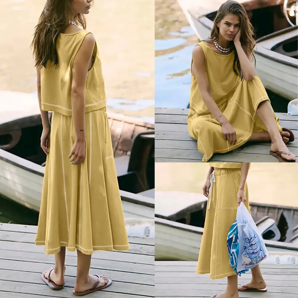 Women's Sleeveless Crop Top Midi Skirt Two Piece Set