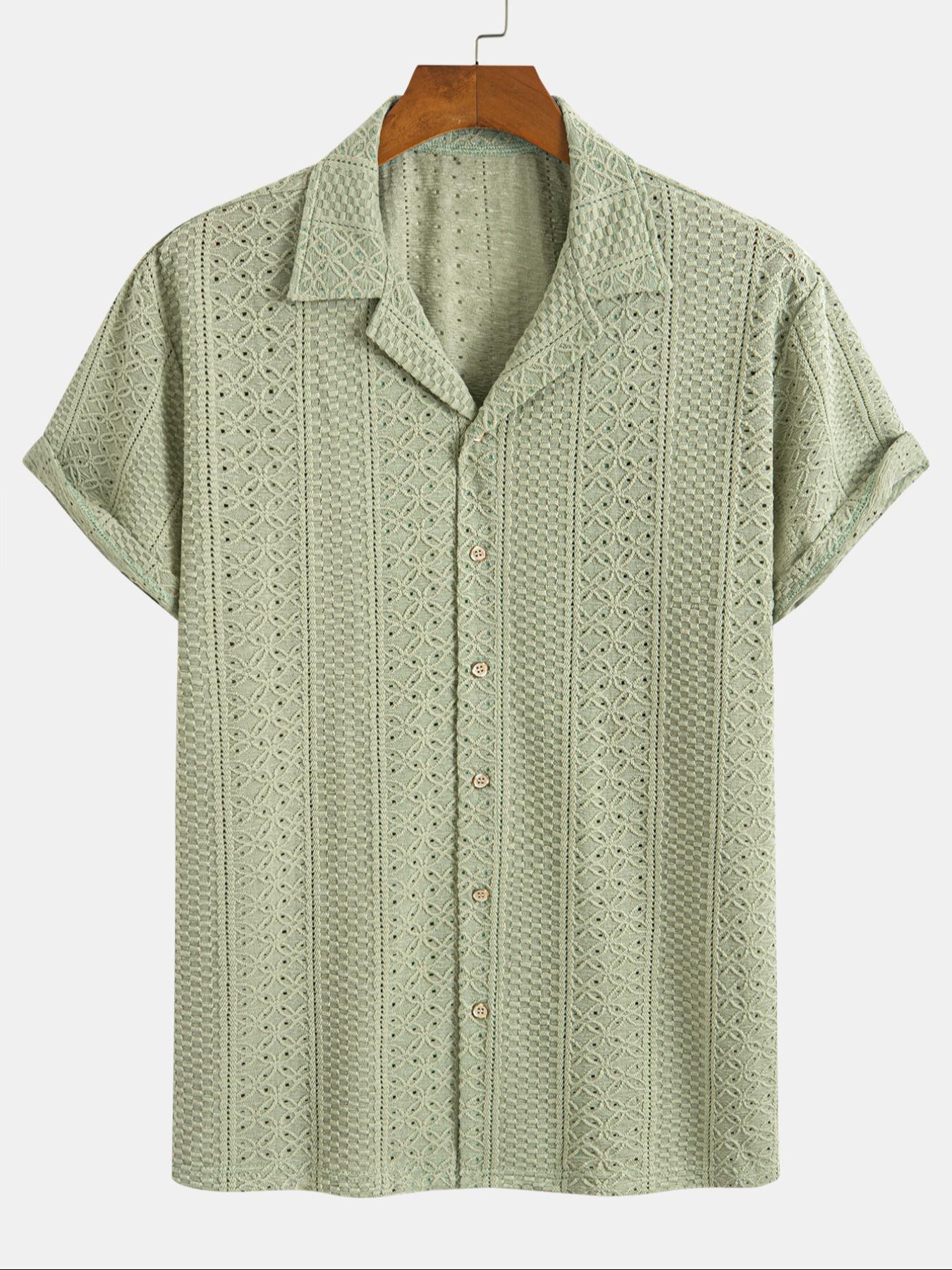 Men's Geometric Jacquard Short Sleeve Casual Party Shirt, Loose Breathable Relaxed Fit Casual Comfy Breathable Top for Summer, Men's Clothes for Daily Wear, Tropical, Casual Stylish Menswear, Knit Shirts