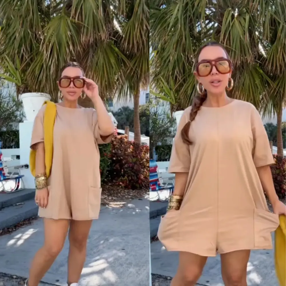 Women Casual Oversized Athletic Short Sleeve Romper Deep Pocket Loungewear