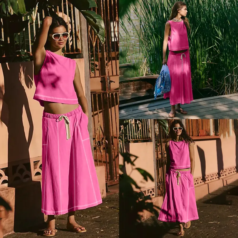 Women's Sleeveless Crop Top Midi Skirt Two Piece Set