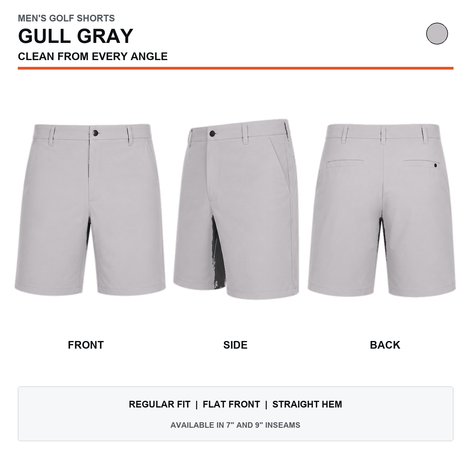 Gull Gray men's stretch golf shorts front, side and back views