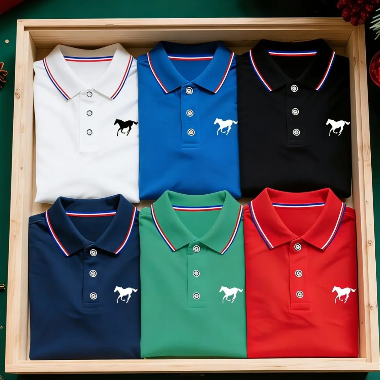 Men's Polo Shirt Set, Polo Style, Casual Fashion, Solid-Color Fitted Short-Sleeve Horse-Print Polo with Contrast Collar, Breathable Shirts for Daily Wear and Golf, Menswear