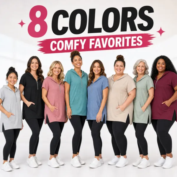 8 women wearing the same tunic in different colors