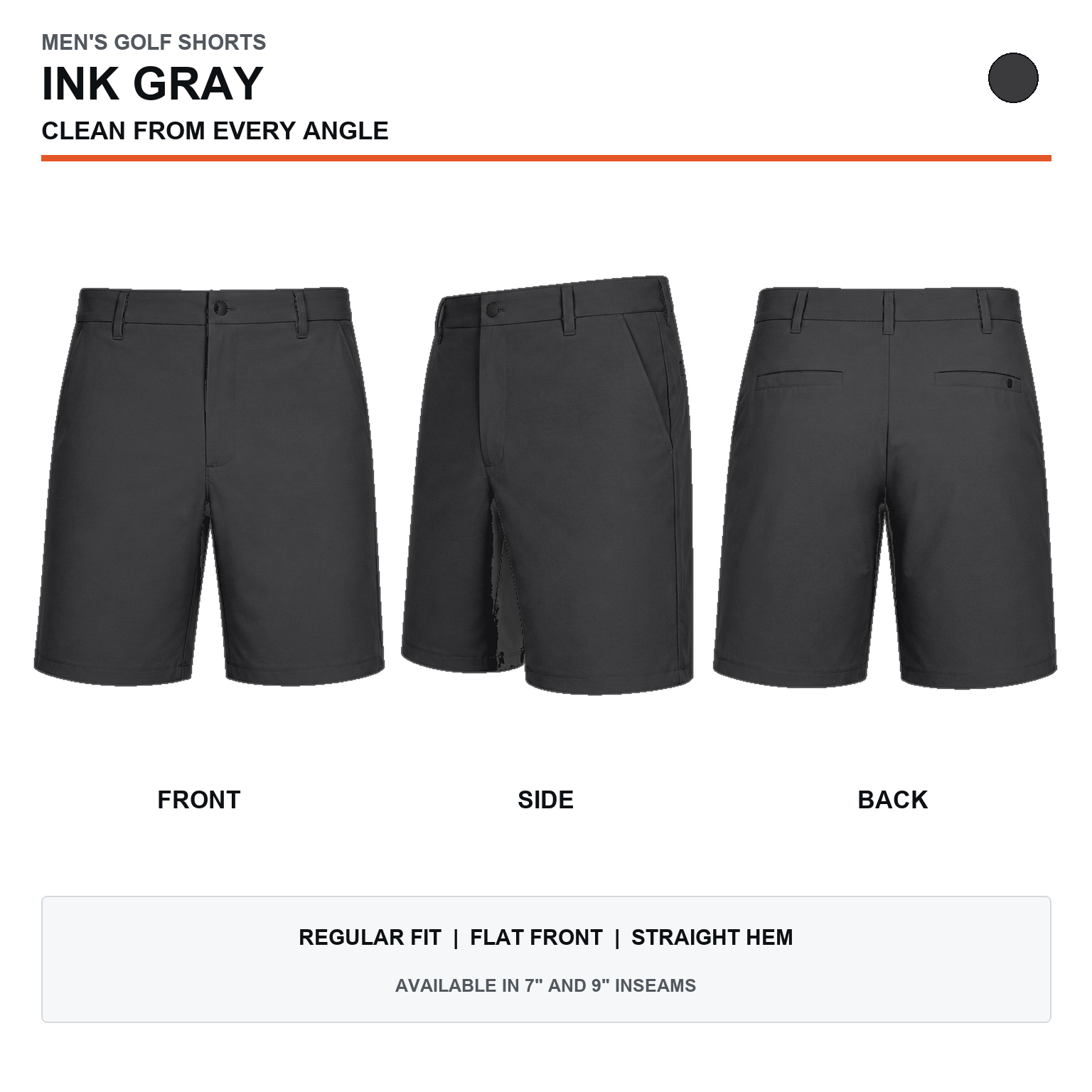Ink Gray men's stretch golf shorts front, side and back views