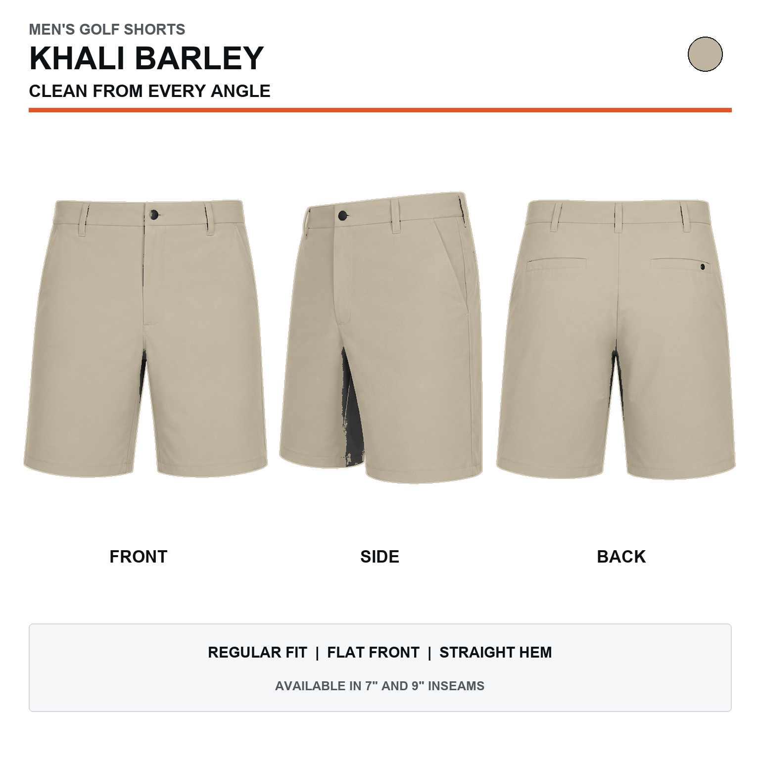 Khali Barley men's stretch golf shorts front, side and back views