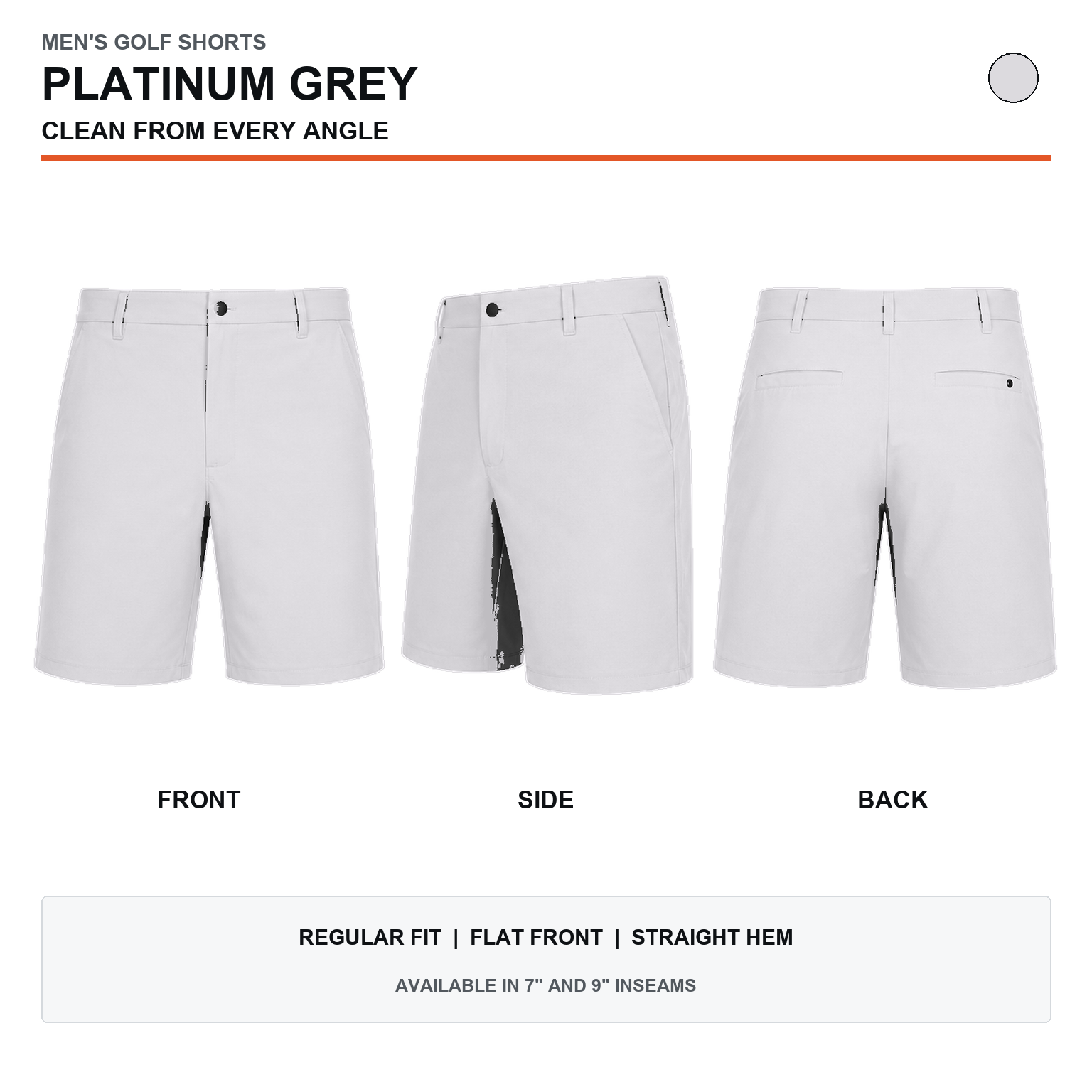 Platinum Grey men's stretch golf shorts front, side and back views