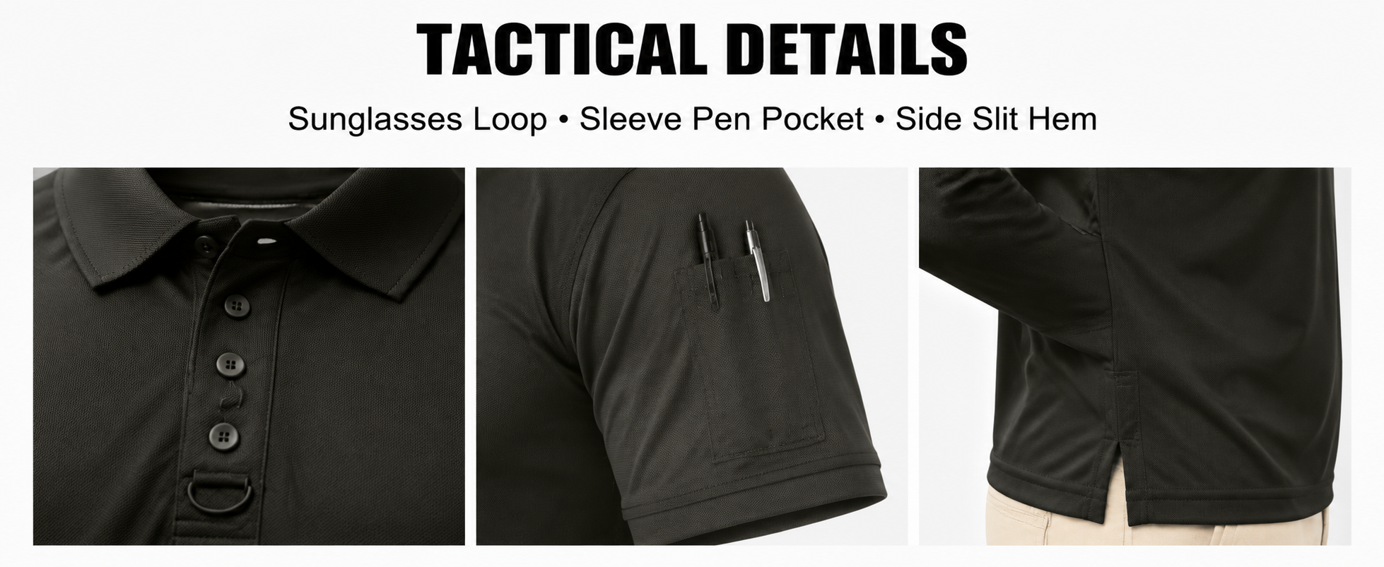 Tactical collar sleeve pocket and slit hem details