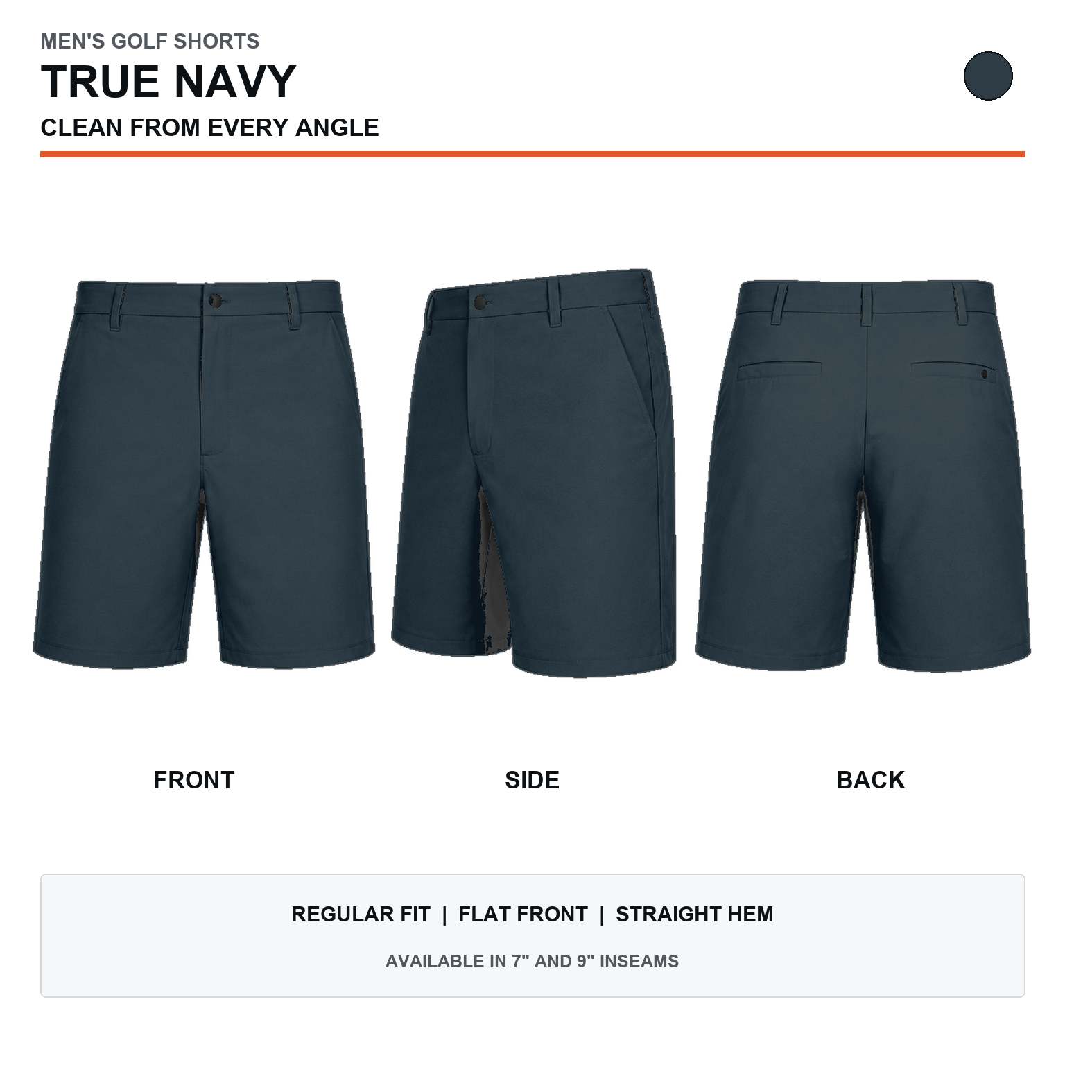 True Navy men's stretch golf shorts front, side and back views