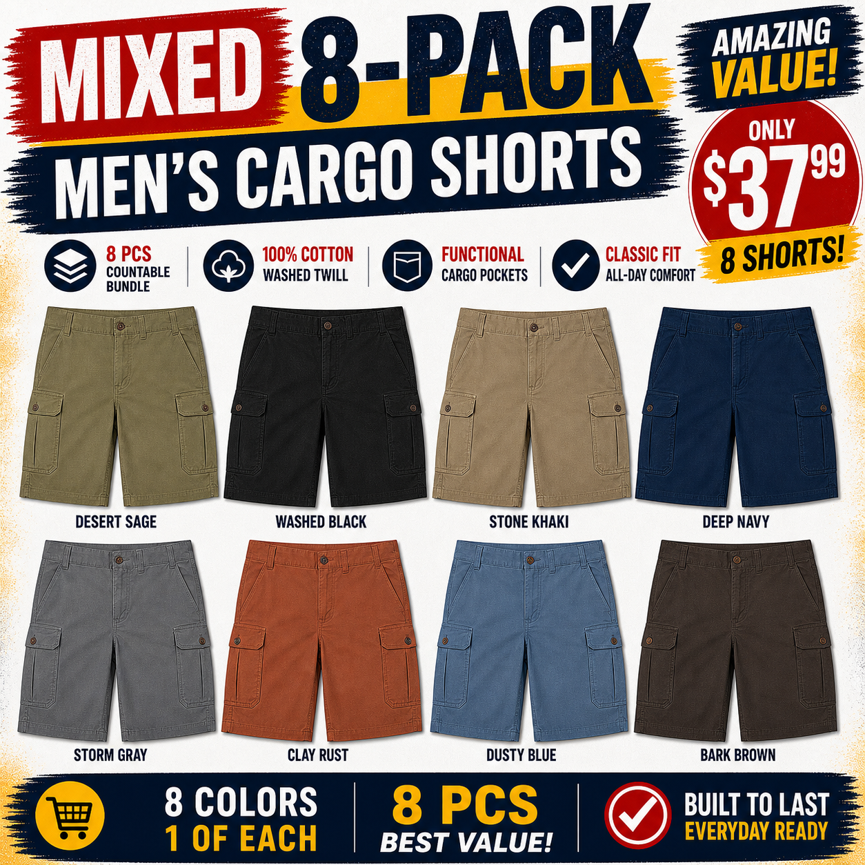 Mixed 8-Pack promo image for men's washed cargo shorts