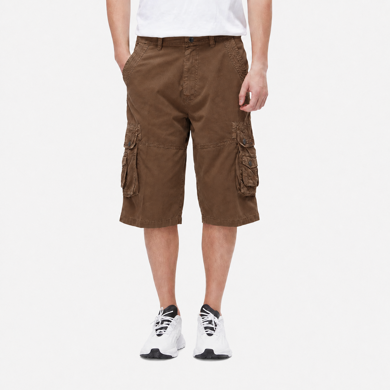 Walnut Brown front view of the washed twill cargo capri pants