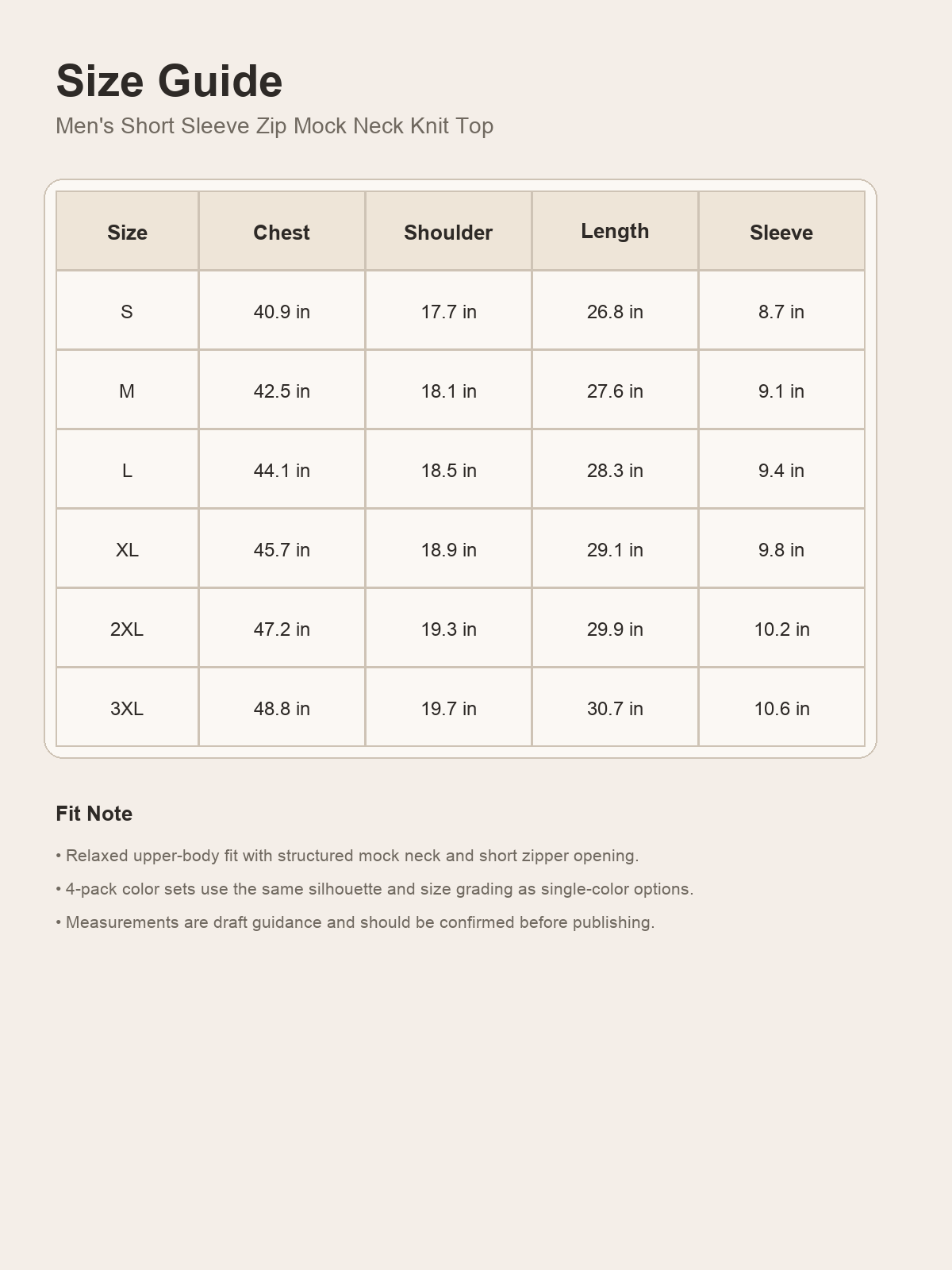 Size guide for mens short sleeve zip mock neck knit top