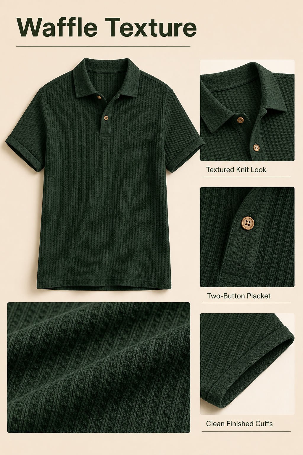 Men waffle textured short sleeve polo AI detail page showing waffle texture and key details