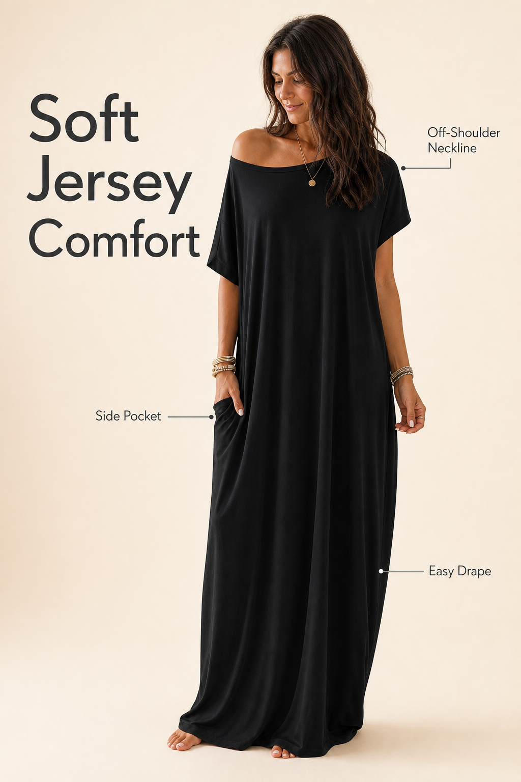 Women off-shoulder pocket maxi T-shirt dress soft jersey comfort detail