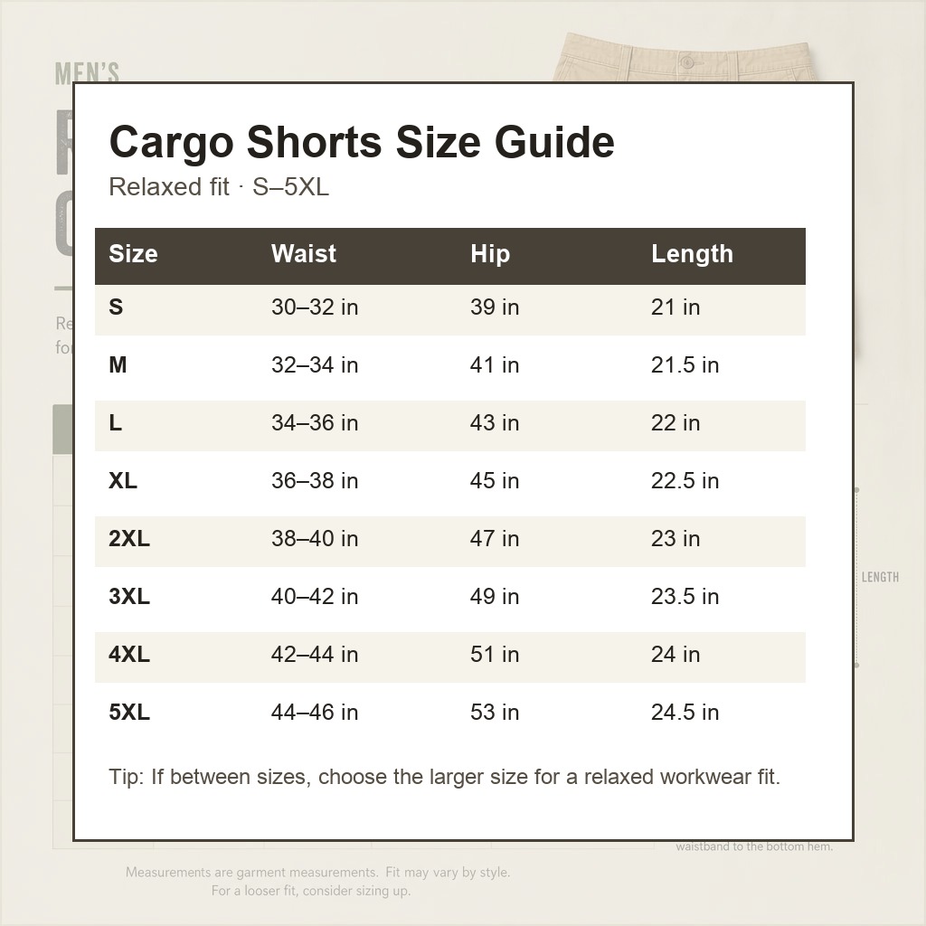 Men relaxed fit cargo shorts size guide S to 5XL