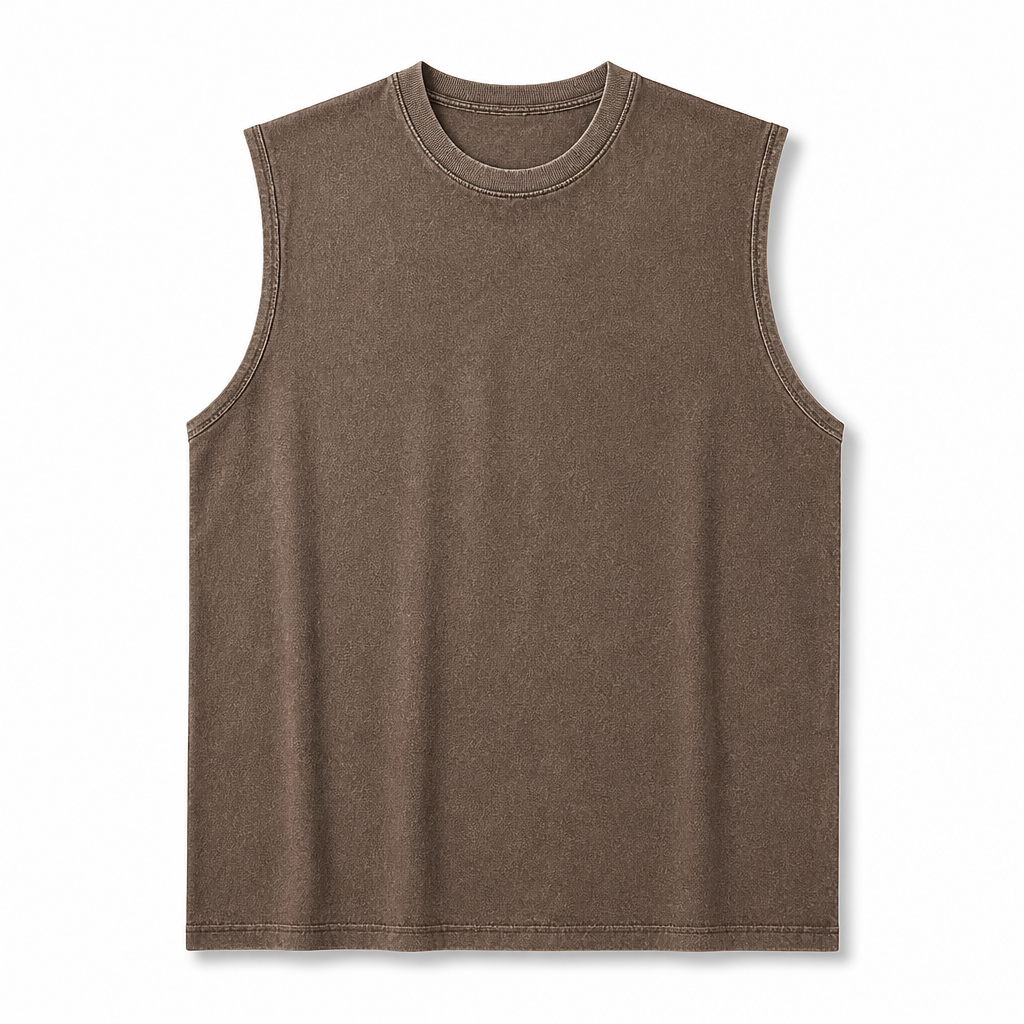 Men washed cotton sleeveless tank fabric and construction features
