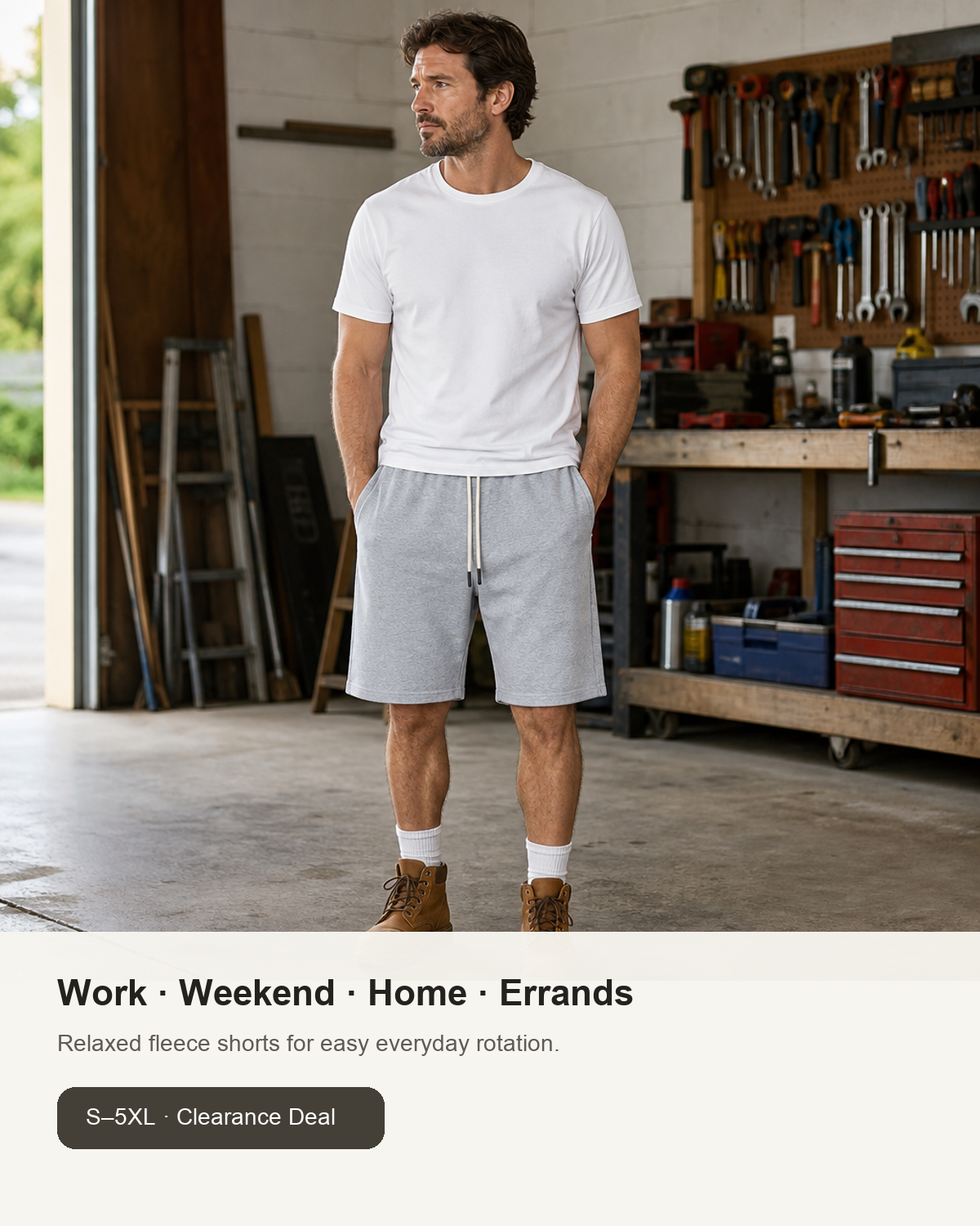 Men relaxed fleece drawstring shorts work weekend home errands use case
