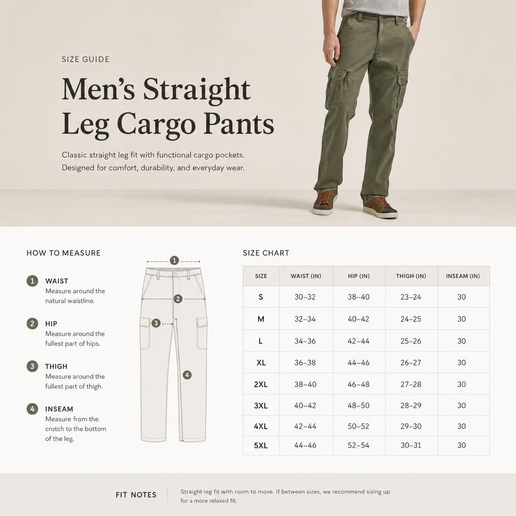 Men straight leg cargo pants size guide S to 5XL