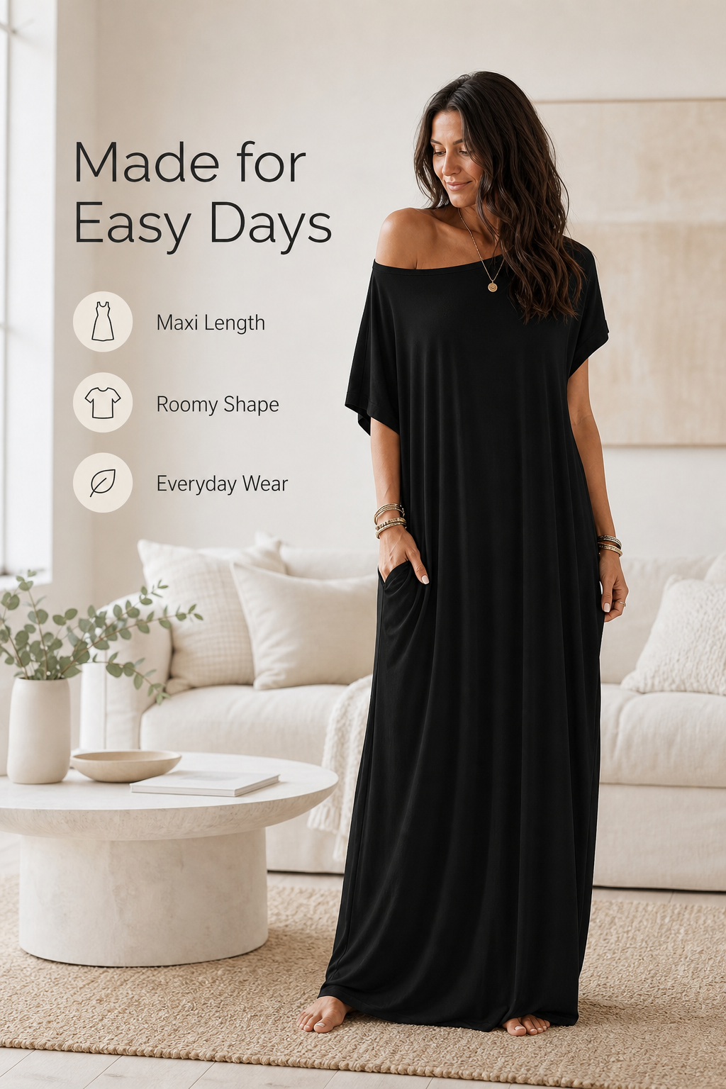 Women off-shoulder pocket maxi T-shirt dress made for easy days detail