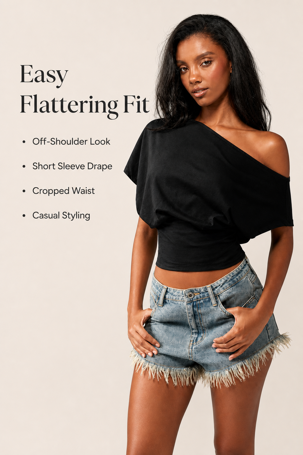 Women asymmetric off-shoulder cropped tee fit and styling detail image