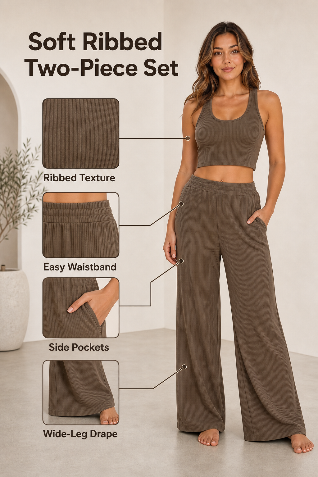 Soft Ribbed Two-Piece Set detail image showing ribbed texture, easy waistband, side pockets, and wide-leg drape