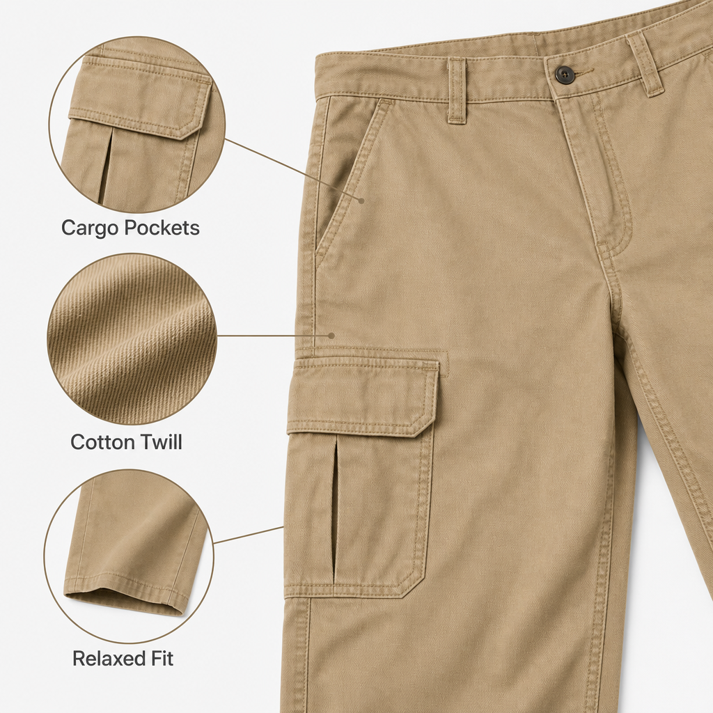 Men relaxed cargo work pants cargo pockets cotton twill and relaxed fit details