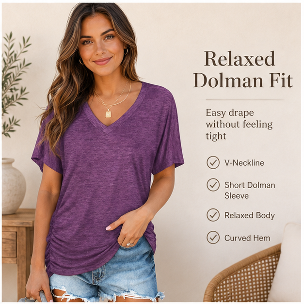 Relaxed dolman fit detail for women V-neck tops