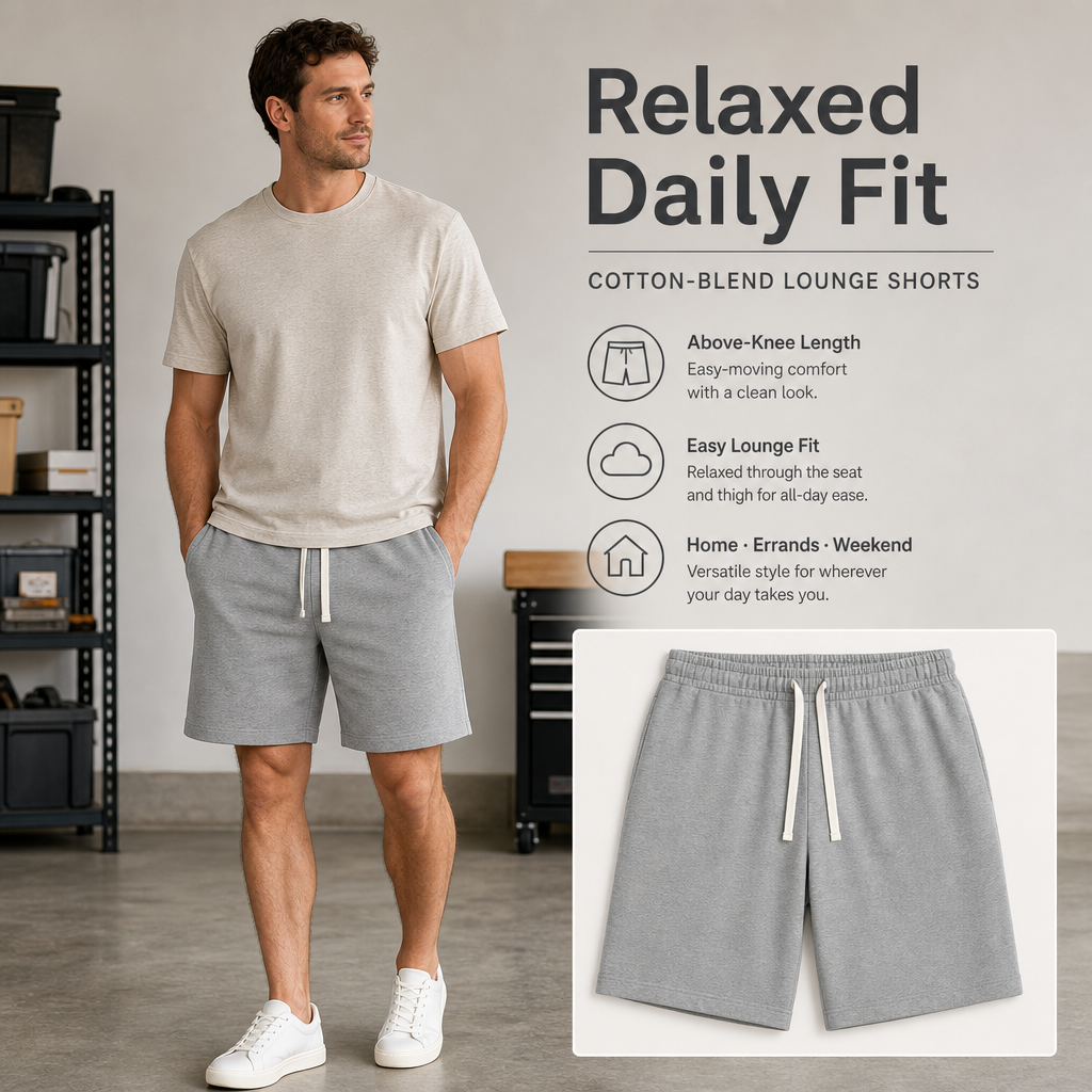Men plain cotton-blend drawstring sweat shorts relaxed daily fit for home errands and weekend wear