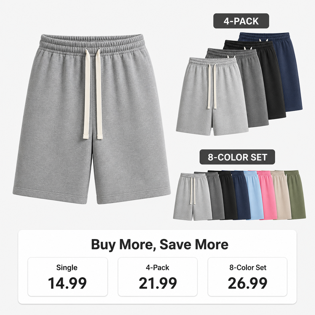Men plain cotton-blend drawstring sweat shorts single 4-pack and 8-color set value chart