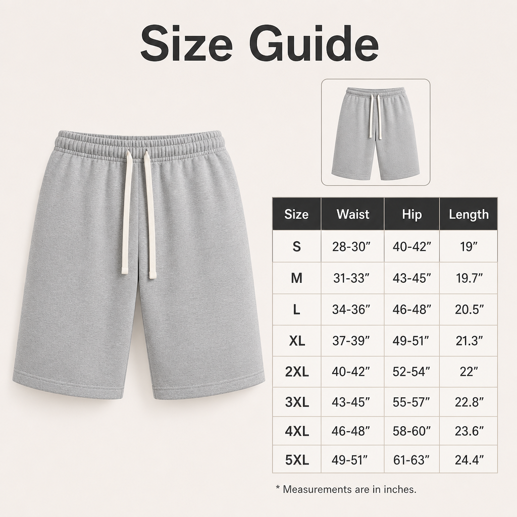 Men plain cotton-blend drawstring sweat shorts size guide S to 5XL
