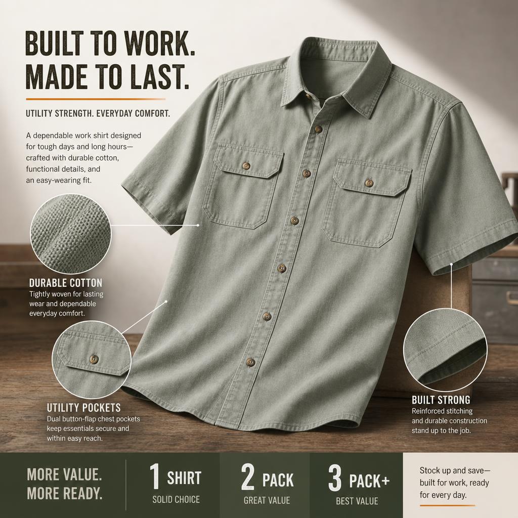 Men short sleeve utility work shirt fabric and pack value details
