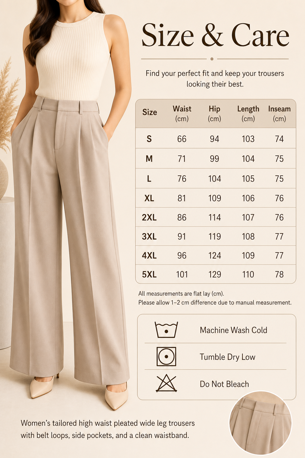 Women high waist pleated wide leg trousers size chart and care detail image