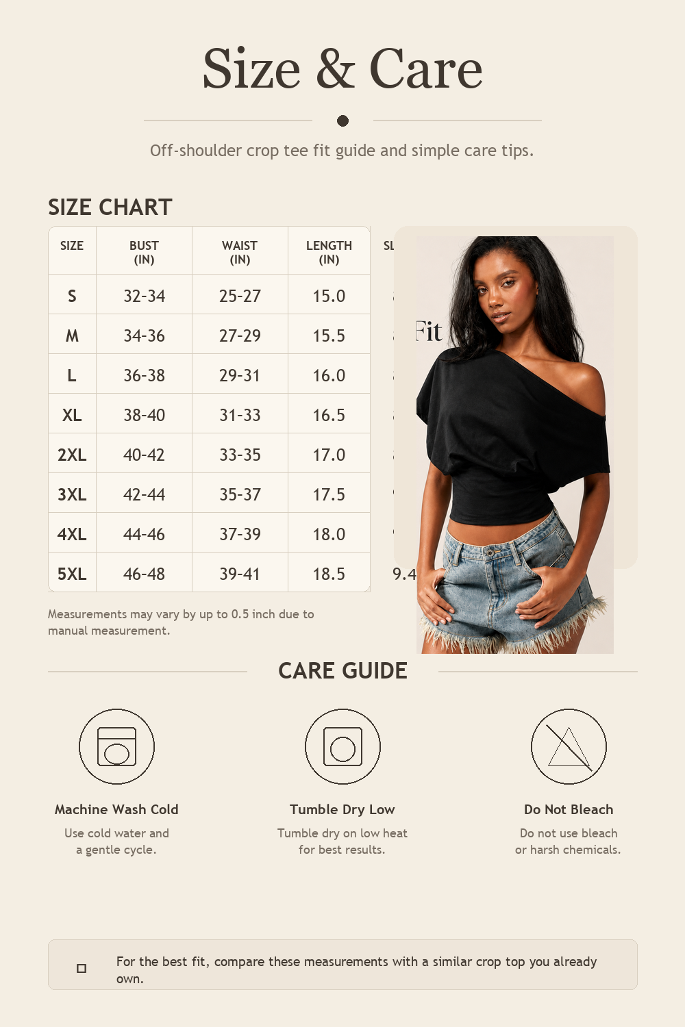 Women asymmetric off-shoulder cropped tee size and care detail image