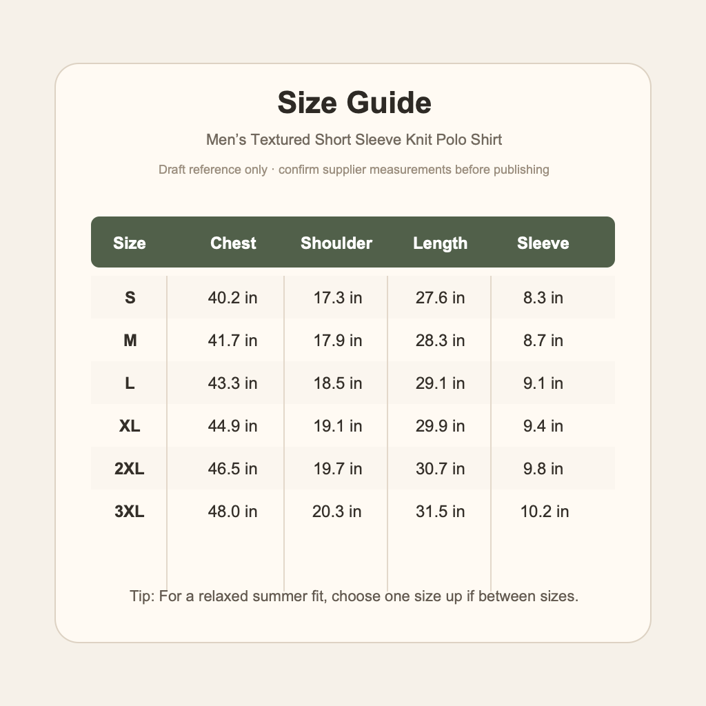 Draft size guide for mens textured knit polo shirt