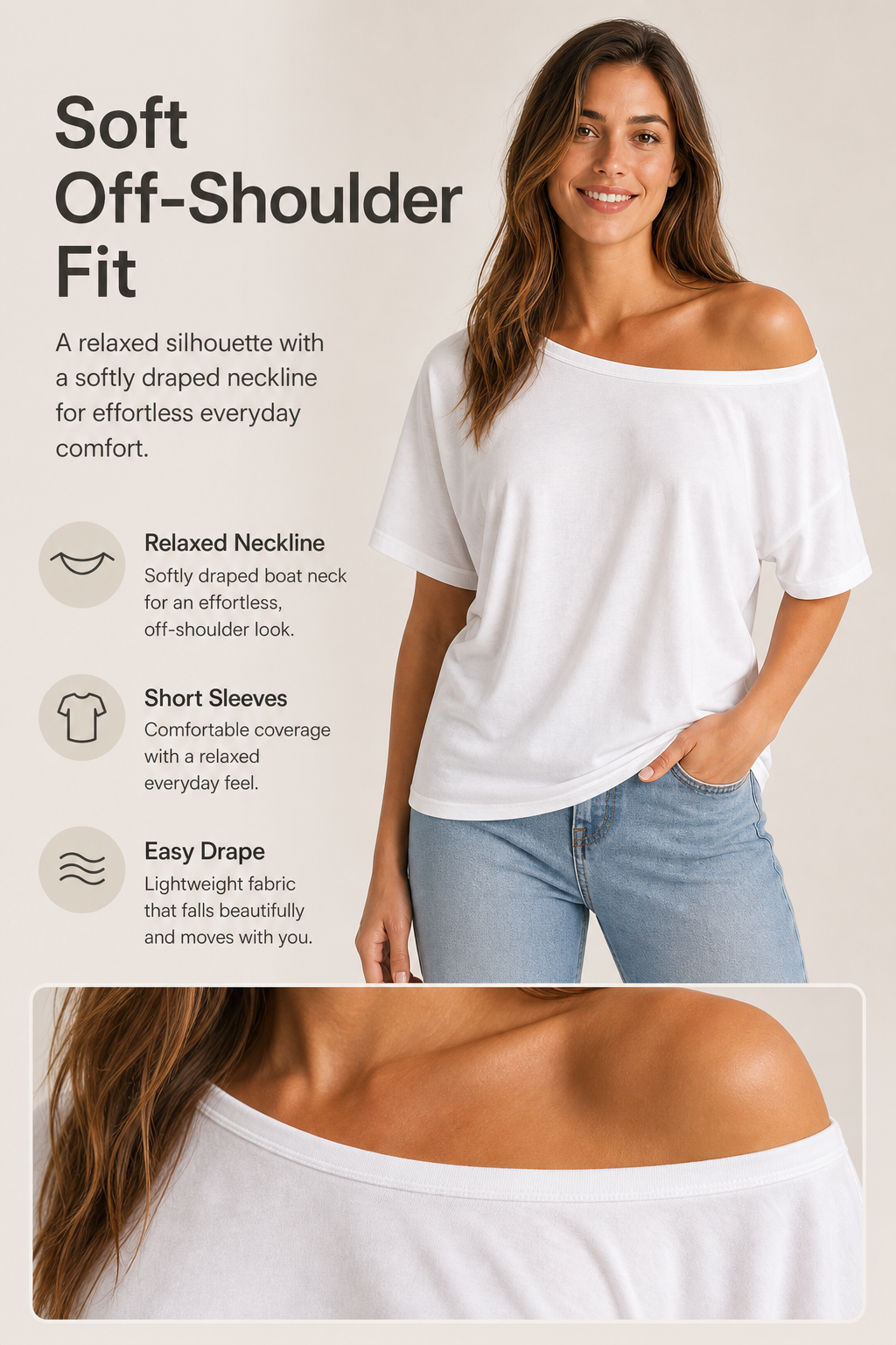 Women off shoulder short sleeve tee soft fit detail image