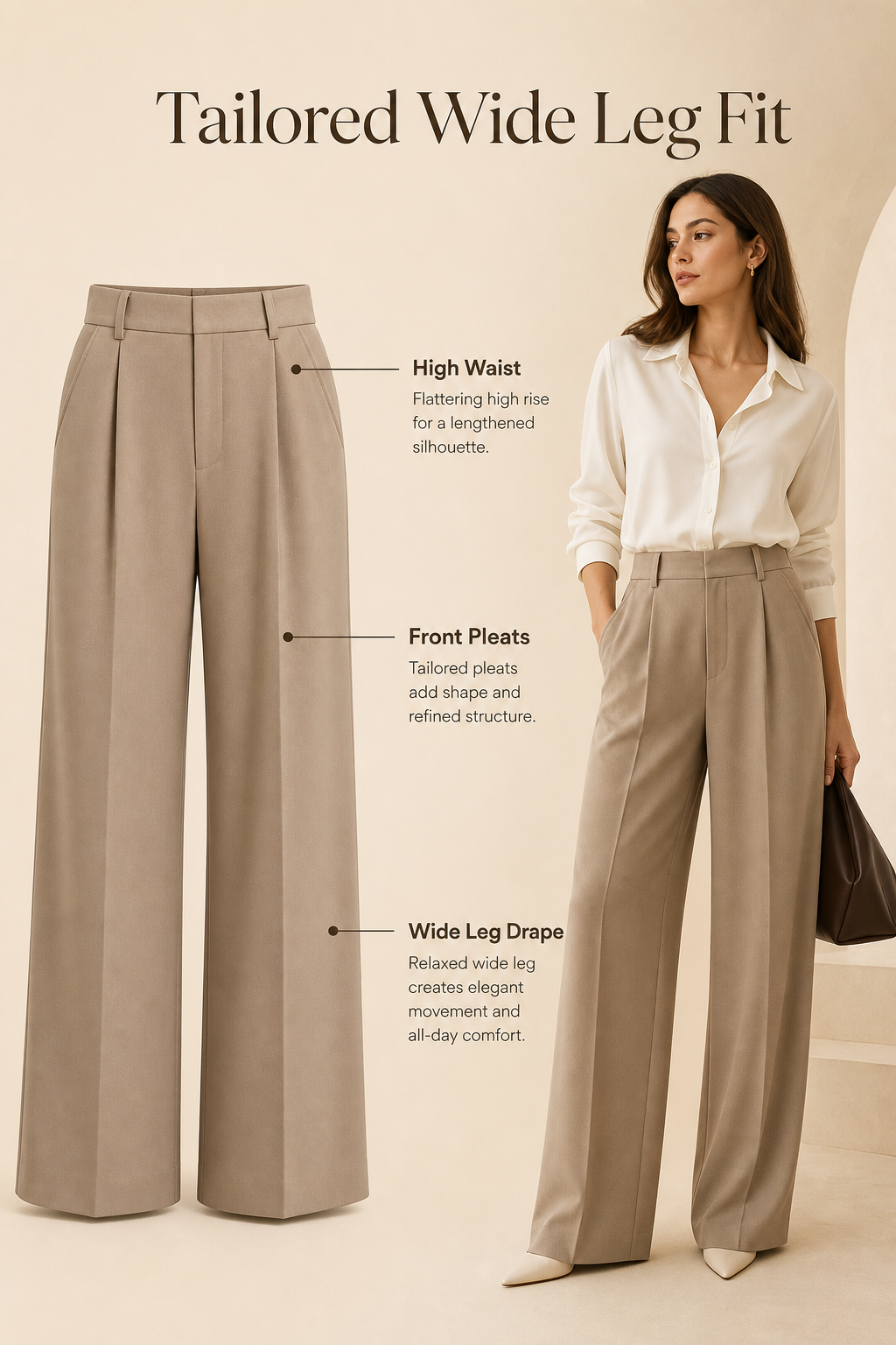 Women high waist pleated wide leg trousers tailored fit detail image