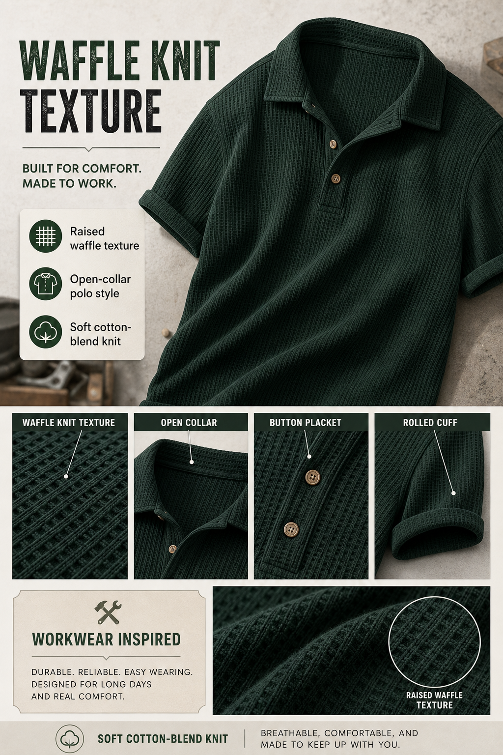 Men waffle knit open-collar polo waffle texture detail image