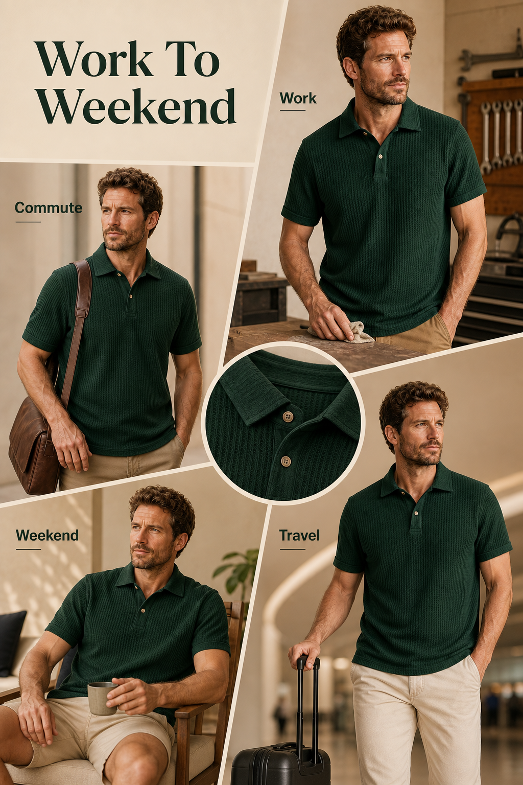 Men waffle textured short sleeve polo AI detail page showing work commute weekend and travel use cases