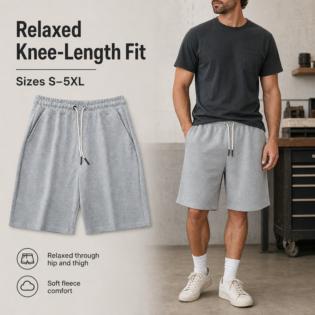Men relaxed fleece drawstring shorts relaxed knee length fit sizes S to 5XL