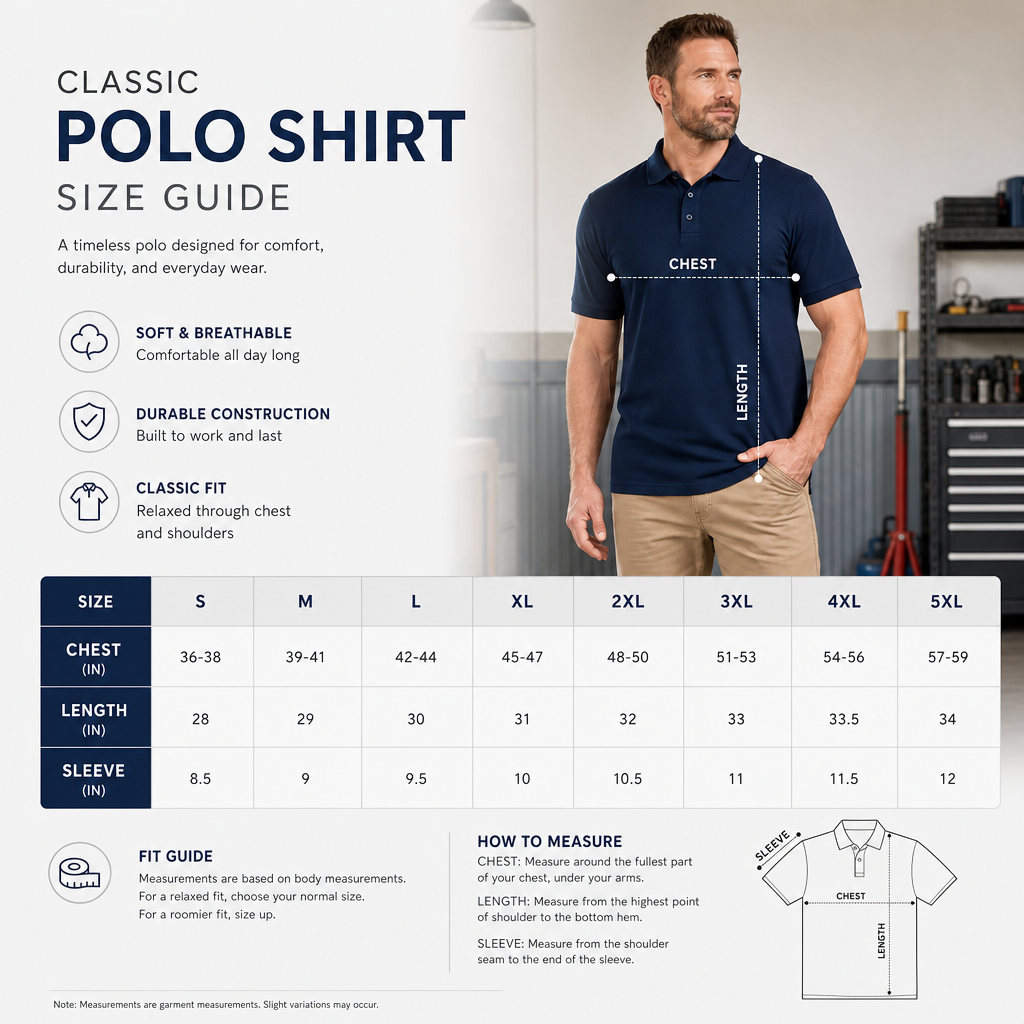 Men classic short sleeve polo shirt size guide S to 5XL