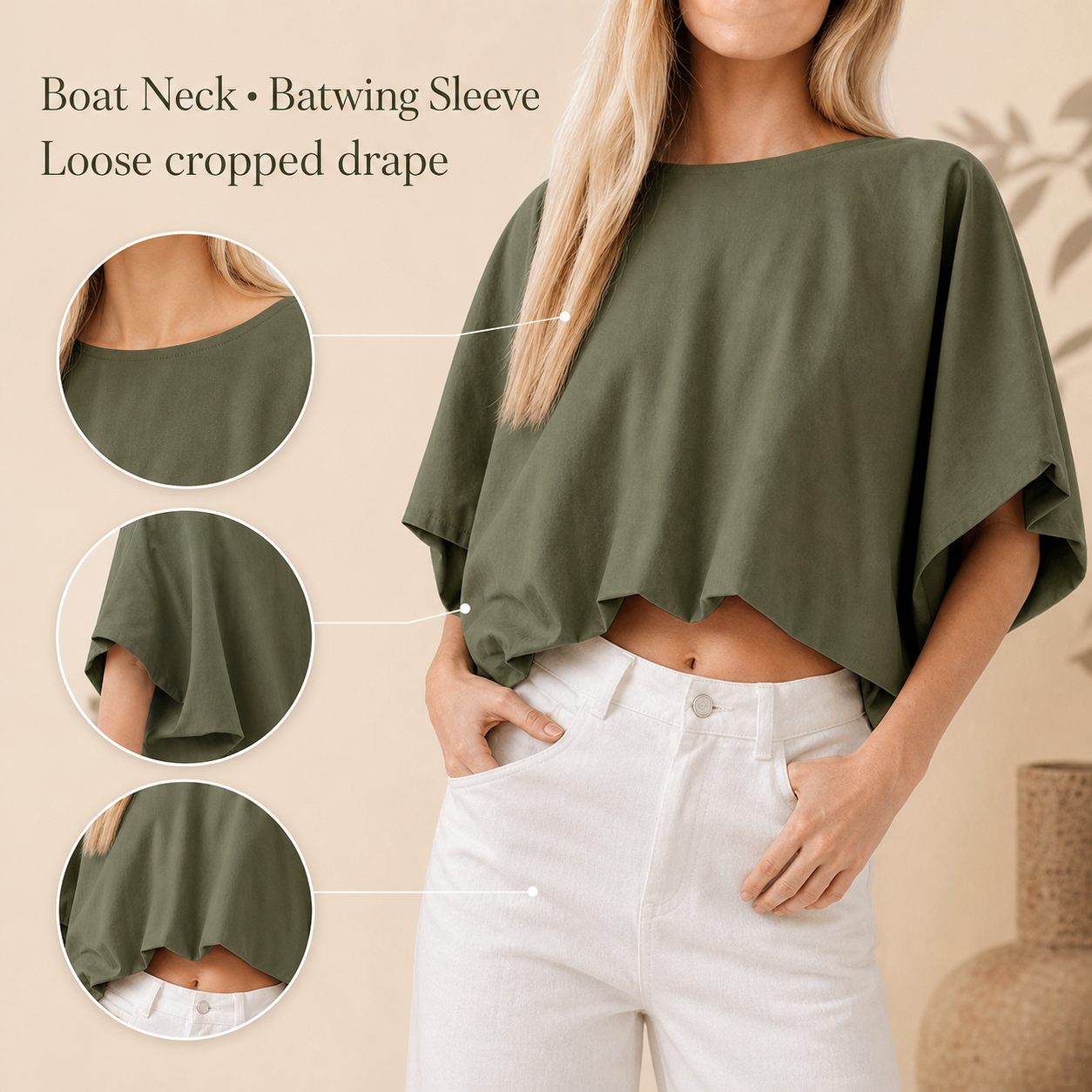 Boat neck batwing sleeve loose cropped drape detail