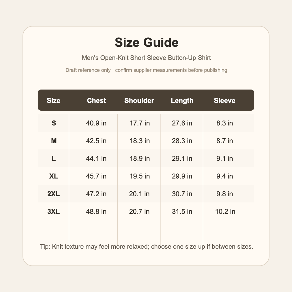 Draft size guide for mens open-knit button-up shirt