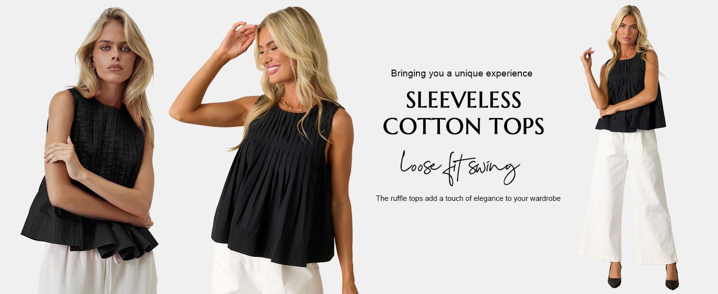 Cicy Bell Womens Pleated Babydoll Tank Tops Summer Peplum Sleeveless Cotton Blouses Loose Fit Flowy Shirts Casual Basic Crewneck Womenswear