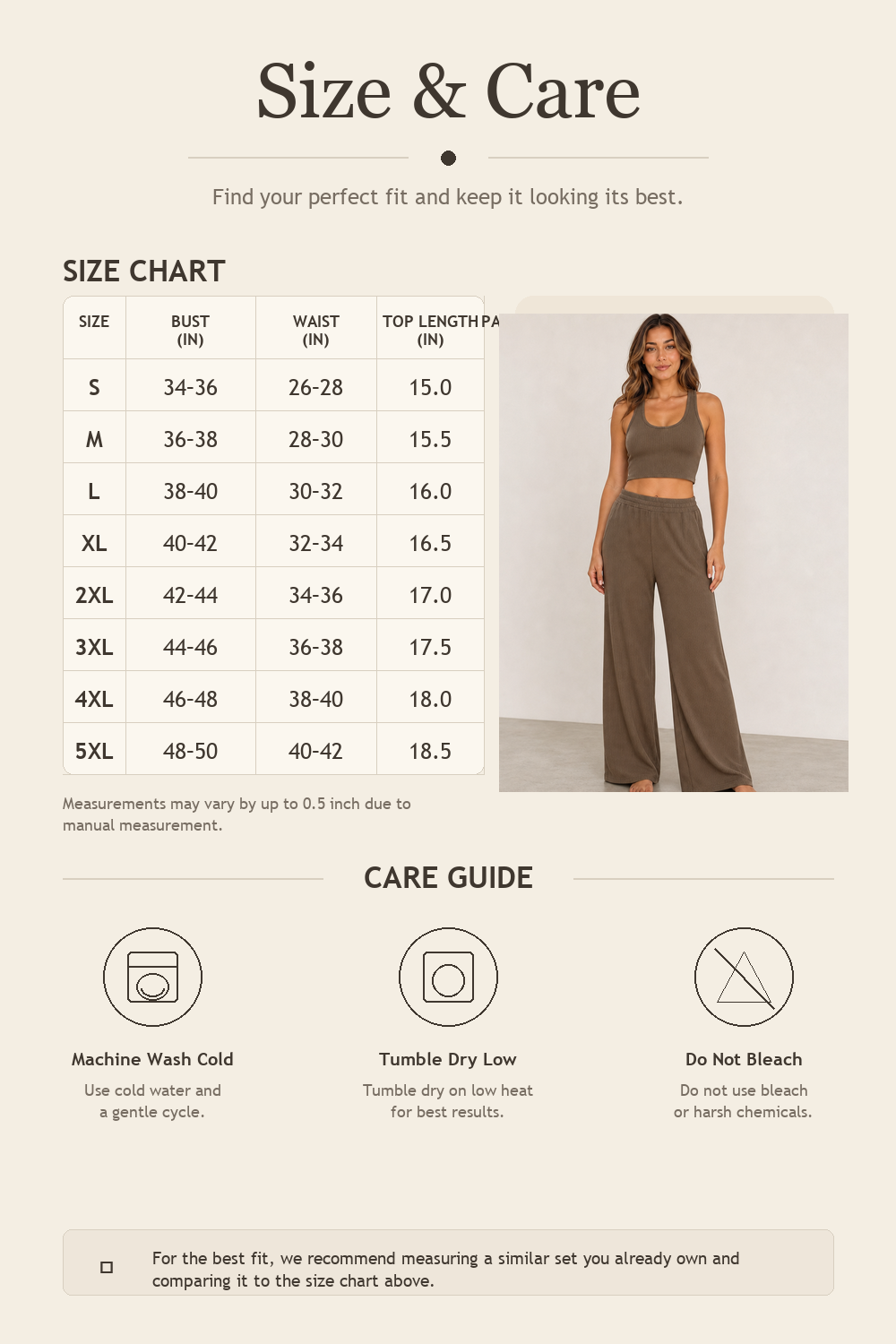 Full size chart and care guide detail image with bust, waist, top length, pants length, washing, drying, and bleach guidance