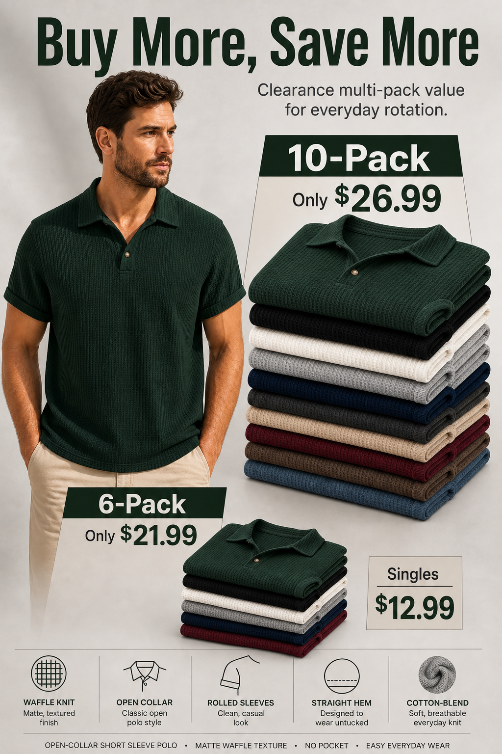 Men waffle knit open-collar polo buy more save more pack value detail image