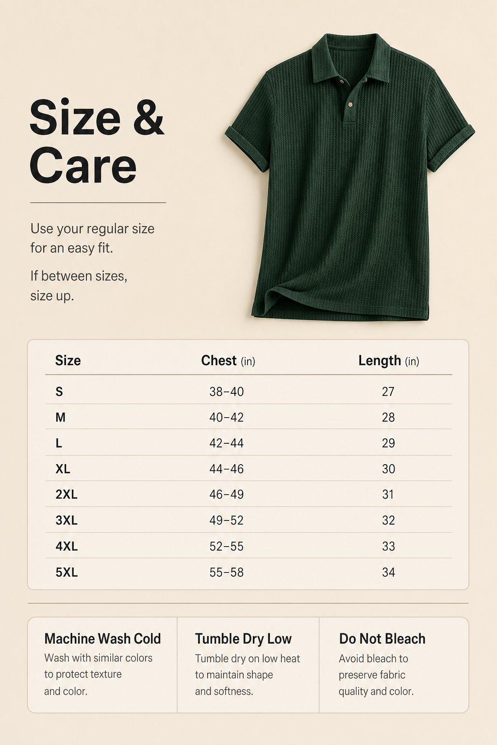 Men waffle textured short sleeve polo AI detail page showing size chart and care guide