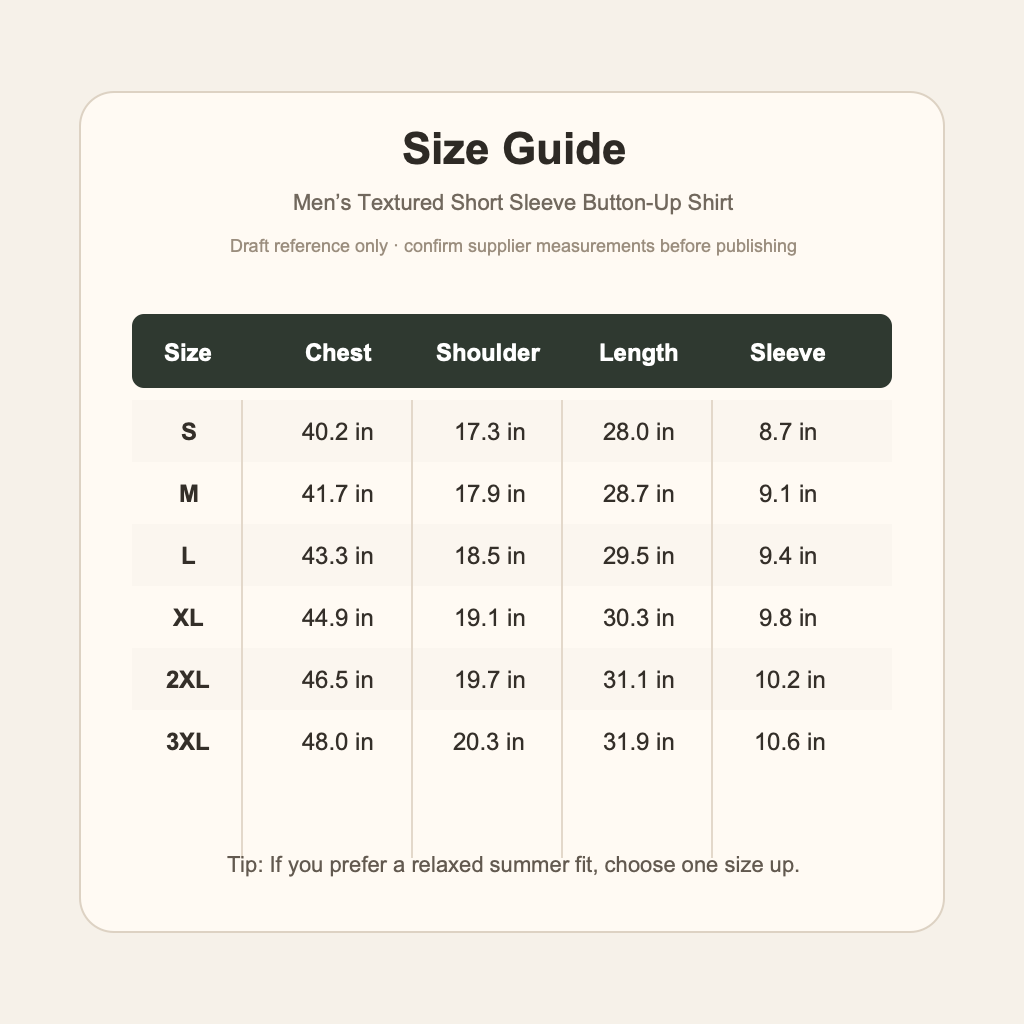 Draft size guide for mens textured short sleeve shirt