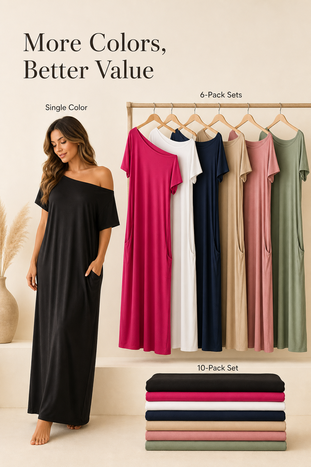Women off-shoulder pocket maxi T-shirt dress bundle value detail