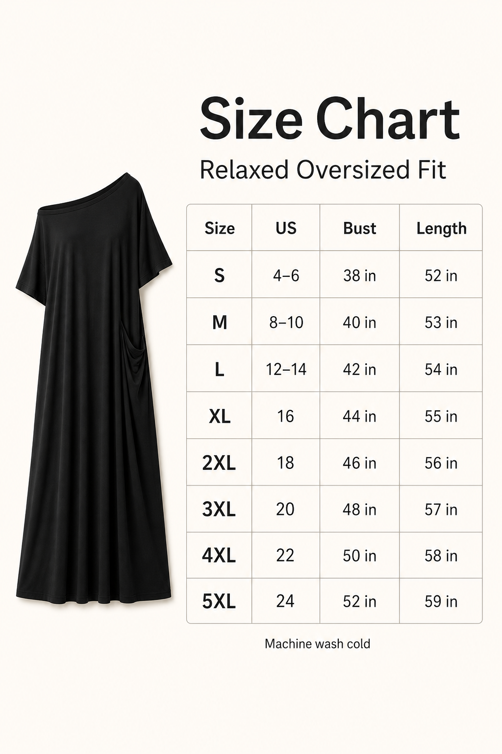 Women off-shoulder pocket maxi T-shirt dress size chart